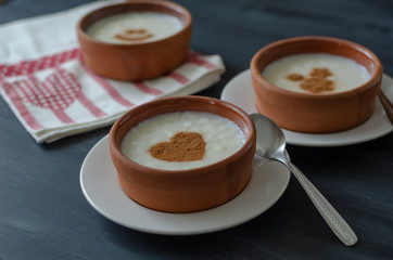 Delicious rice pudding with cinnamon in bowl, closeup