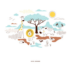 decorative yellow and blue savannah wildlife illustration with giraffe, lion, rhino, scandinavian style safari graphic, kids summer t-shirt print © AngellozOlga