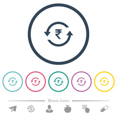 Rupee pay back flat color icons in round outlines