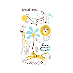 Decorative yellow and blue Savannah Wild Animals illustration with allegator, giraffe, lion, snake, leopard, Scandinavian style safari graphic, Kids summer t-shirt print