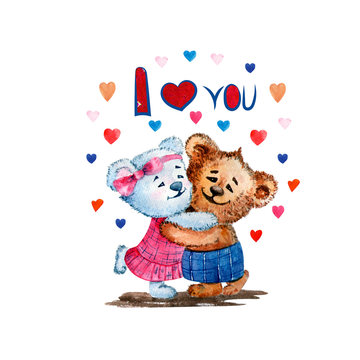 Illustration of cute bears. Watercolor. Love. Heart. Illustration for Valentine's Day.