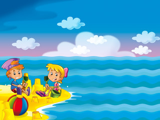 Obraz na płótnie Canvas kids playing at the beach having fun by the sea or ocean - illustration for children