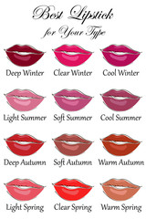 Best lipstick colors for all types of appearance. Seasonal color analysis palette for Winter, Spring, Summer and Autumn