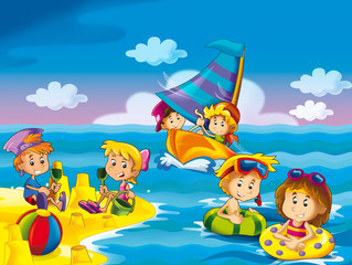 Obraz na płótnie Canvas kids playing at the beach having fun by the sea or ocean - illustration for children