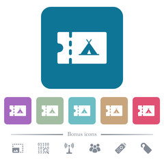Camping discount coupon flat icons on color rounded square backgrounds