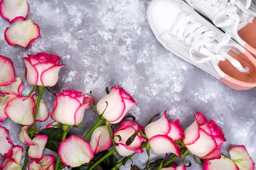 valentines day background frames with rose flowers bouquet and shoes on stone background. top view. mock up. flat lay