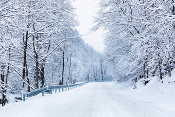 Fototapeta premium Snowy road during winter through forests and mountains