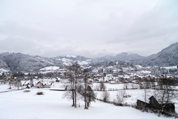 Village near the mountain during winter time
