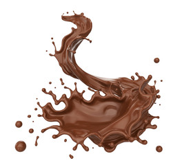 Splash of chocolate liquid and swirl shape isolated on white background in 3d illustration.