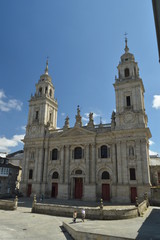 Fototapeta na wymiar Main Facade Of The Cathedral Of Santa Maria In Lugo. Travel, Architecture, Holidays. August 3, 2015. Lugo Galicia Spain.