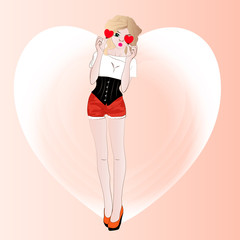 Vector art girl holds hearts around the eyes