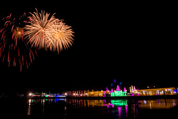Colorful firework festival on SEA SALT & LIGHT at Phetchaburi province, Thailand.