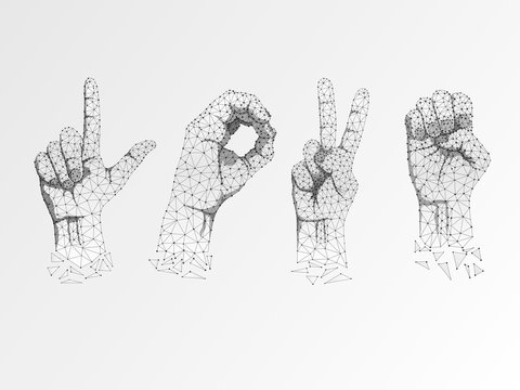 Love Sign language Ok, peace, victory agreement gesture. 3d low poly model of human hand. Origami style Polygonal space low poly. Silent communication. Connection wireframe. Vector on white background
