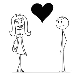 Cartoon stick drawing conceptual illustration of man and woman and big heart between them as symbol of love.