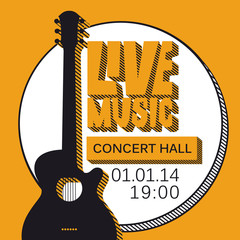 Vector poster for a live music concert or festival with an acoustic guitar and inscription in retro style on the yellow background. Template for flyers, banners, invitations, brochures and covers