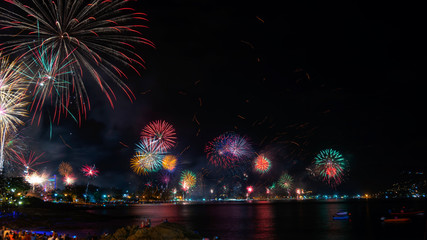 Obraz premium Festive New Year 2019 with fireworks People celebrate New year day at patong city phuket thailand