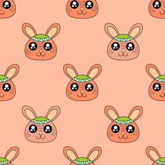 Cute kids rabbit pattern for girls and boys. Colorful rabbit on the abstract background create a fun cartoon drawing. The rabbit pattern is made in neon colors. Urban backdrop for textile and fabric.