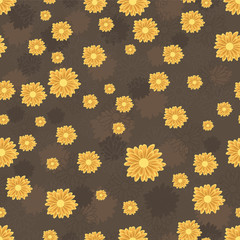 Seamless pattern with golden daisy flowers on brown background