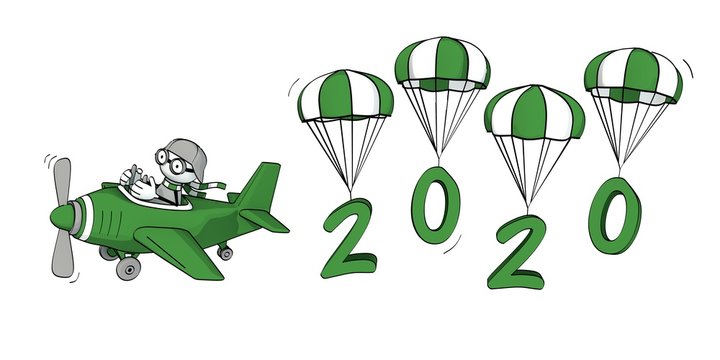 little sketchy man flying in a plane and the year 2020 on parachutes