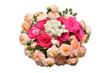 A bride's bouquet of beautiful roses and yarrow isolated on white background. Flowers. Spring. Flat lay, top view. Love. Valentine's Day. Easter. Wedding card. Object
