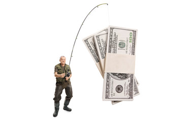 Mature fisherman catching money with a fishing rod