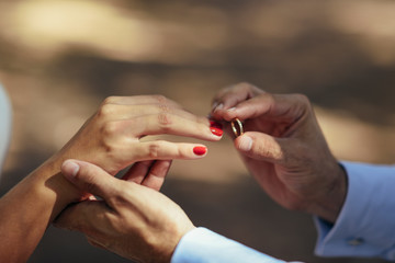Groom putting wedding ring on finger of bride, close up