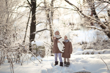 Fototapeta na wymiar children sisters play with cat in snow. Winter