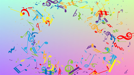 Fototapeta na wymiar Disco Background. Many Random Falling Notes, Bass and, Treble Clef. Colorful Musical Notes Symbol Falling on Hologram Background. Disco Vector Template with Musical Symbols.