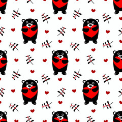 Cute black bear hold red heart seamless pattern.