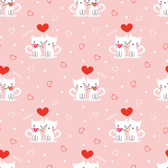 Cute white cat in love symbol seamless pattern.