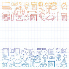 Vector set of secondary school icons in doodle style. Painted, colorful, gradient, on a sheet of checkered paper on a white background.