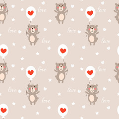 Cute bear and heart balloon seamless pattern.