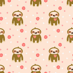 Cute baby sloth and pink heart seamless pattern.