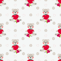 Cute bear hold red heart seamless pattern.