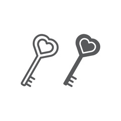 Love key line and glyph icon, love and lock, heart key sign, vector graphics, a linear pattern on a white background.