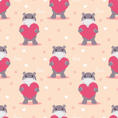Cute hippo hold a pink heart seamless pattern.