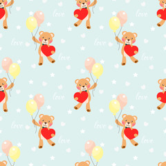 Naklejka premium Cute bear hold a big heart seamless pattern.