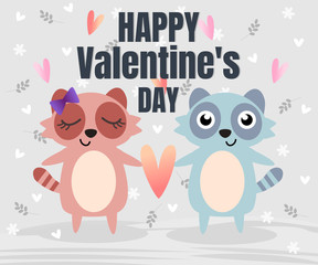 Cute couple raccoon in Valentine background.