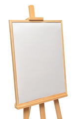 Easel with frames empty for drawing isolated on white background. Vertical paper sheets. Object, set. Wooden, mock up. Education, school, artist. Creative concept and idea of art