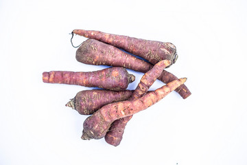 Close up of raw organic carrots or gajar or gaajar or Daucus carota  isolated on white.