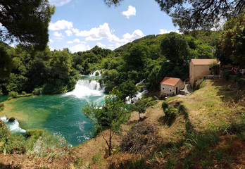 Fototapeta na wymiar Beautiful Skradinski Buk Waterfall In Krka National Park - Dalmatia Croatia, Europe