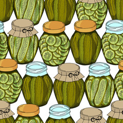Seamless pattern made from different glass jars with home made cucumbers. Hand drawn endless picture. Vector illustration.