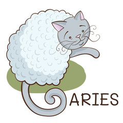 Aries zodiac; cartoon cat stylized as aries zodiac; curly cat illustration; vector illustration EPS10