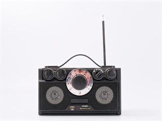 retro black radio receiver with antenna and speakers
