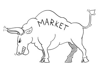 Cartoon drawing conceptual illustration of angry bull as symbols of rising market prices.