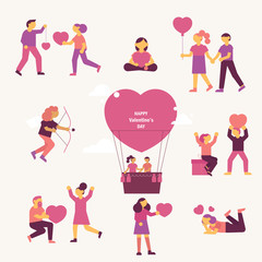 WVector flat simple people with valentine's day symbols.