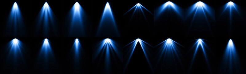 Fototapeta na wymiar Isolated blue spotlight effect on black background. Light show. Light from the top clipart.