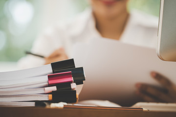 Accounting planning budget report file concept : Business woman offices check working for arranging...