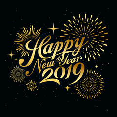 Happy new year 2019 message with firework gold at night concept design, vector illustration