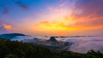 Colorful of sky and fog at Jabo viewpoint, Mae Hong Son, Thailand